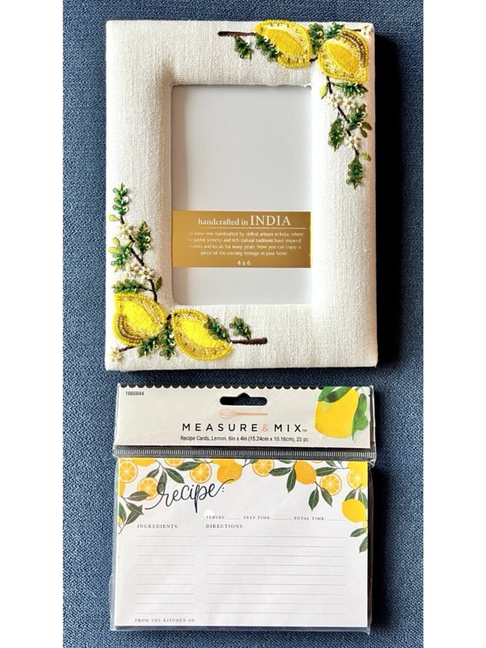 Beaded LEMON 4" x 6" Photo Frame Recipe Cards Gift Set Yellow Green Embroidered